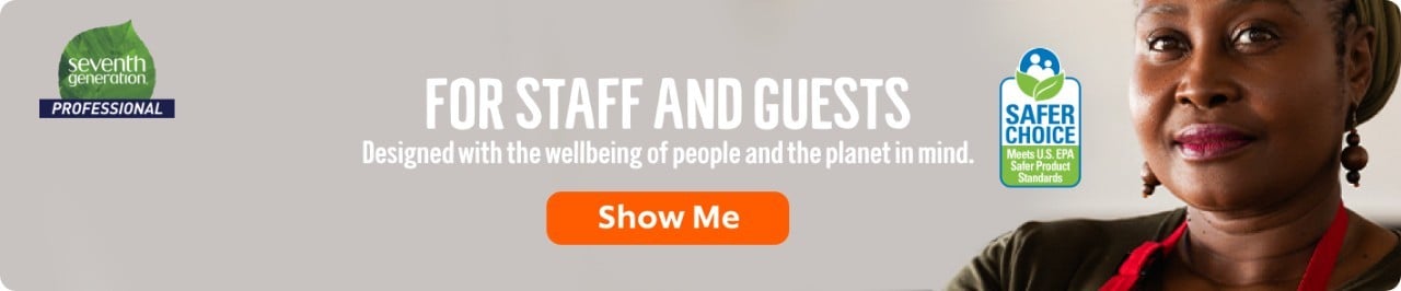 Foodservice professional looking at you with EPA Safer Choice logo